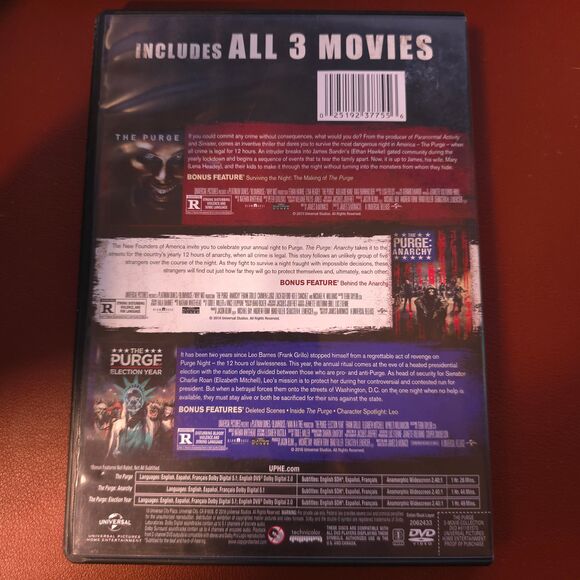 The Purge: 3-Movie Collection (DVD) Original, Anarchy and Election Year - Picture 2 of 3